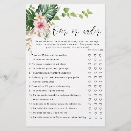 ブライダルシャワーエレガントゲームの上または下で熱帯 (正面)