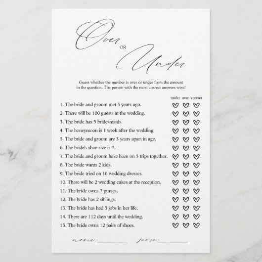 ブライダルシャワーエレガントゲームカードの上または下 (正面)