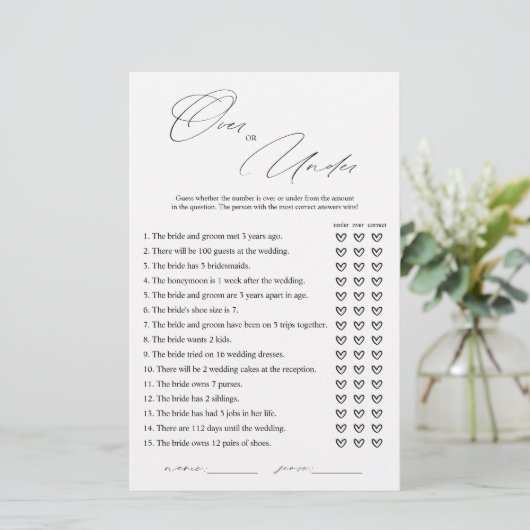 ブライダルシャワーエレガントゲームカードの上または下 (スタンド正面)