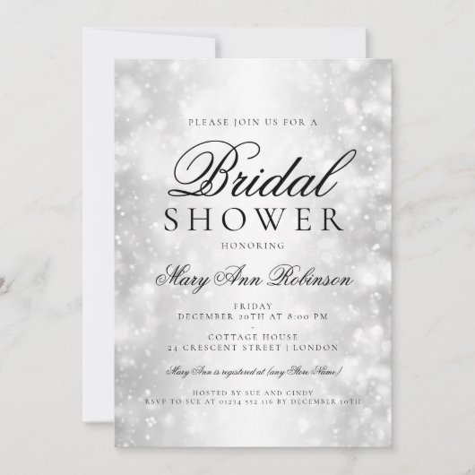 ブライダルシャワーエレガントシルバーきらめくライト 招待状 (正面)