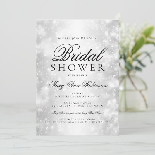 ブライダルシャワーエレガントシルバーきらめくライト 招待状 (スタンド正面)