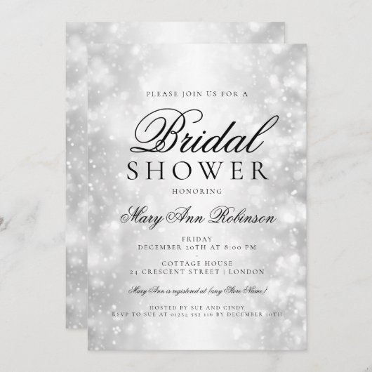 ブライダルシャワーエレガントシルバーきらめくライト 招待状 (正面/裏面)