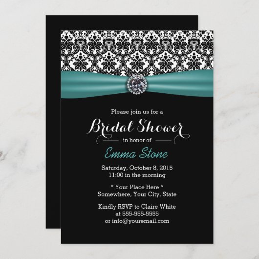ブライダルシャワーエレガントティール（緑がかった色）リボンダマスダイヤモンドダイヤモンド 招待状 (正面/裏面)