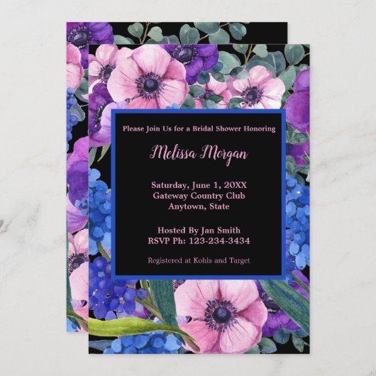 ブライダルシャワーエレガントフローラブルーパープルピンク 招待状 (正面/裏面)