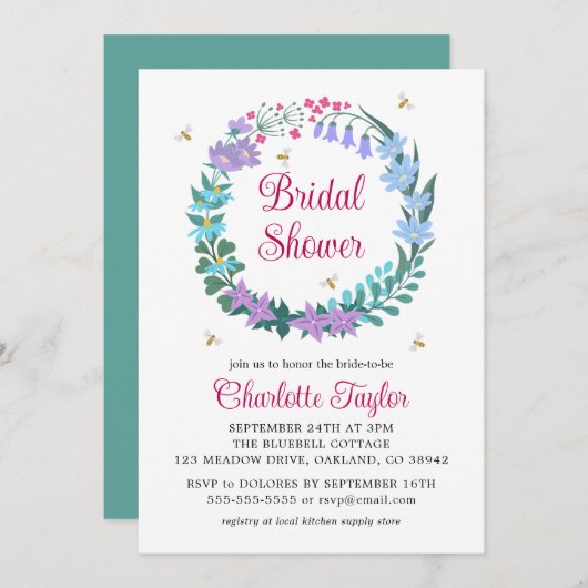 ブライダルシャワーエレガントフローラワイルドフラワーズガーランド 招待状 (正面/裏面)