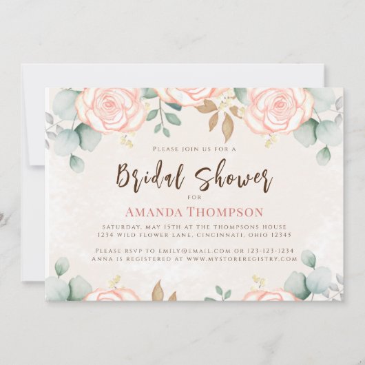 ブライダルシャワーエレガントフローラ赤面ピンク 招待状 (正面)