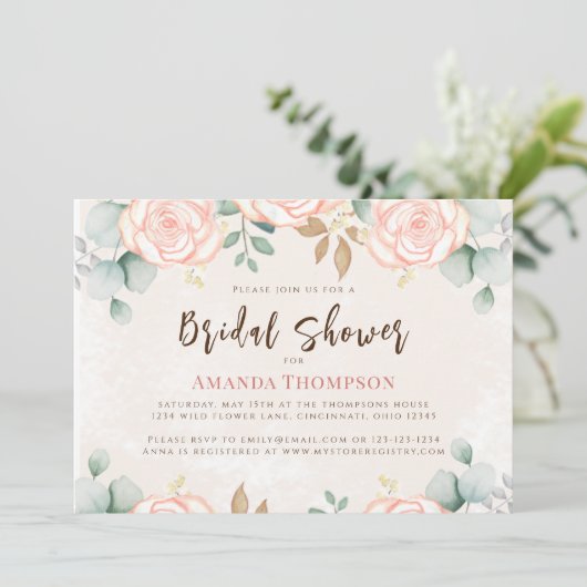 ブライダルシャワーエレガントフローラ赤面ピンク 招待状 (スタンド正面)