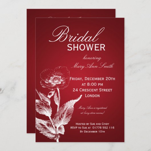 ブライダルシャワーエレガントポピーレッド 招待状 (正面/裏面)