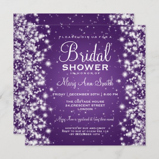 ブライダルシャワーエレガント冬のスパークルパープル 招待状 (正面/裏面)