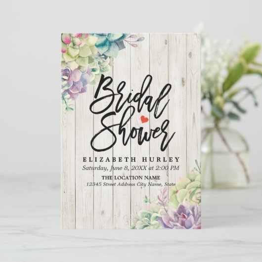 ブライダルシャワーエレガント多肉植物素朴木材 招待状 (スタンド正面)