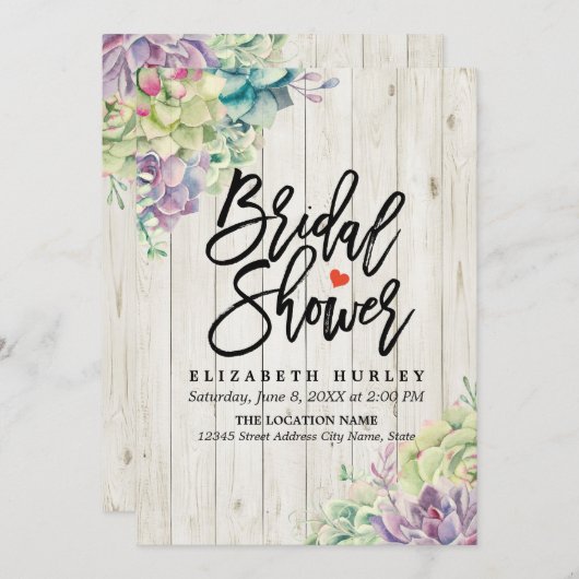 ブライダルシャワーエレガント多肉植物素朴木材 招待状 (正面/裏面)