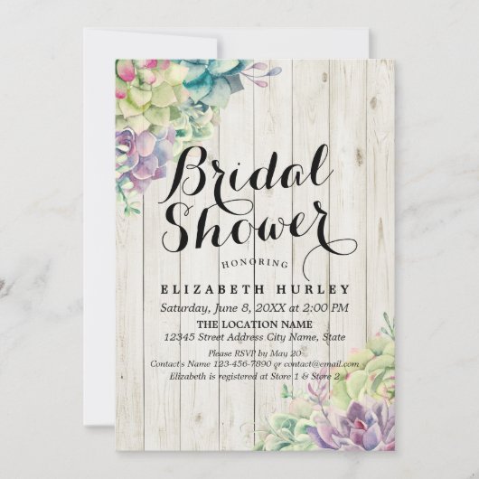 ブライダルシャワーエレガント多肉植物素朴木材 招待状 (正面)