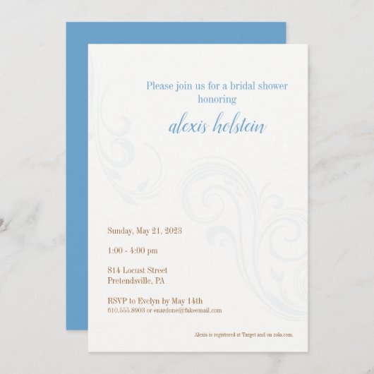 ブライダルシャワーエレガント招待状、青 招待状 (正面/裏面)