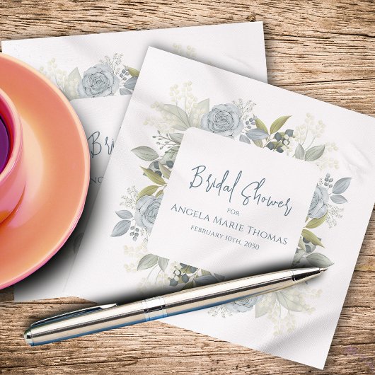 ブライダルシャワーエレガント書道ブルーフローラ スタンダードカクテルナプキン