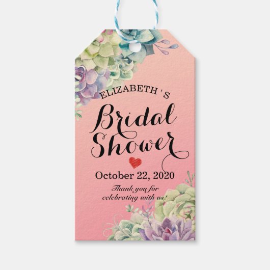 ブライダルシャワーエレガント水色多肉植物 ギフトタグ (正面)