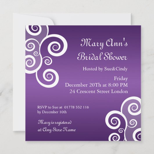 ブライダルシャワーエレガント白スワールパープル 招待状 (裏面)