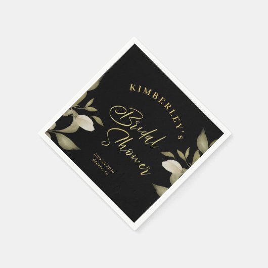 ブライダルシャワーエレガント金ゴールド黒フローラ スタンダードカクテルナプキン (角)