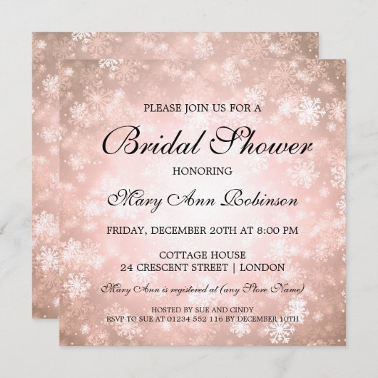 ブライダルシャワーエレガント銅ウィンターワンダーランド 招待状 (正面/裏面)