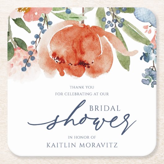 ブライダルシャワーオカラフルレンジ&ダスティブルー牡丹 スクエアペーパーコースター (正面)