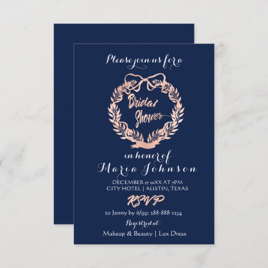 ブライダルシャワーオリーブフローラリースネイビーバラ金ゴールド 招待状 (正面/裏面)