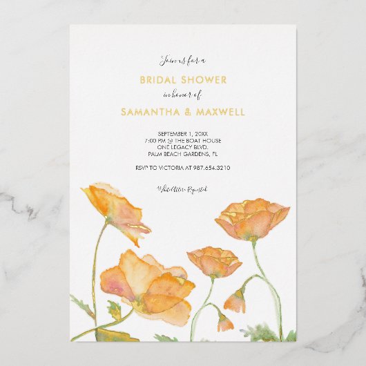 ブライダルシャワーオレンジフローラ水彩フォイルインビタ 箔招待状 (正面)