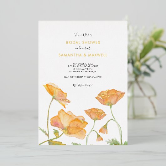 ブライダルシャワーオレンジフローラ水彩フォイルインビタ 箔招待状 (立ち正面)