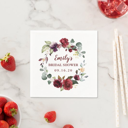 ブライダルシャワーカスタムナプキンズマルーンフラワーリース スタンダードカクテルナプキン (インサイチュ)