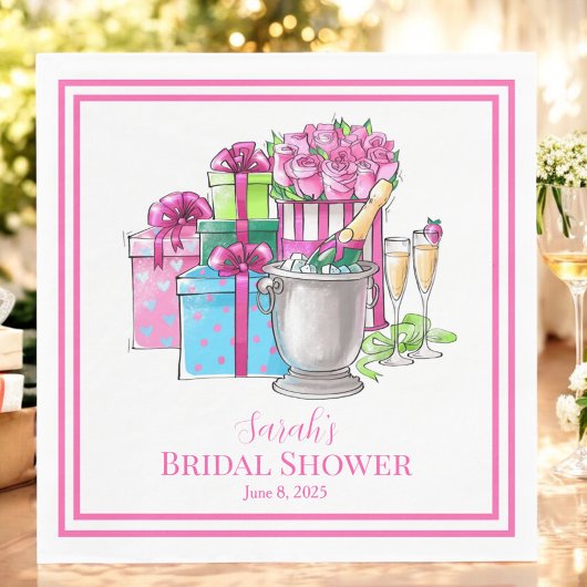 ブライダルシャワーカスタムピンクグリーンギフトシャンパーニュ スタンダードランチョンナプキン