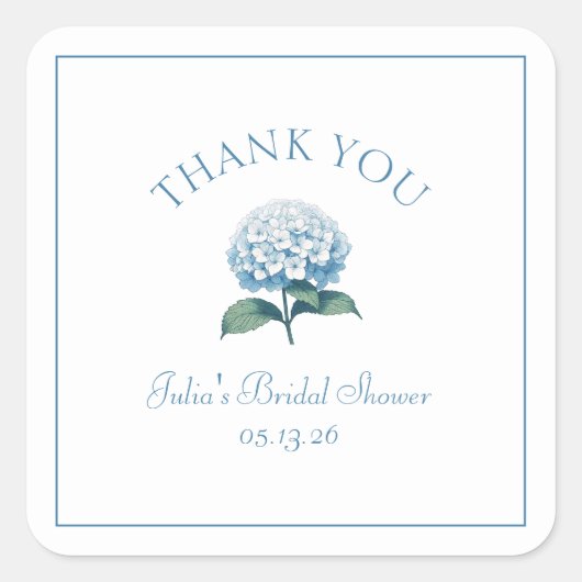 ブライダルシャワーカスタムブルーアジサイありがとう スクエアシール (正面)
