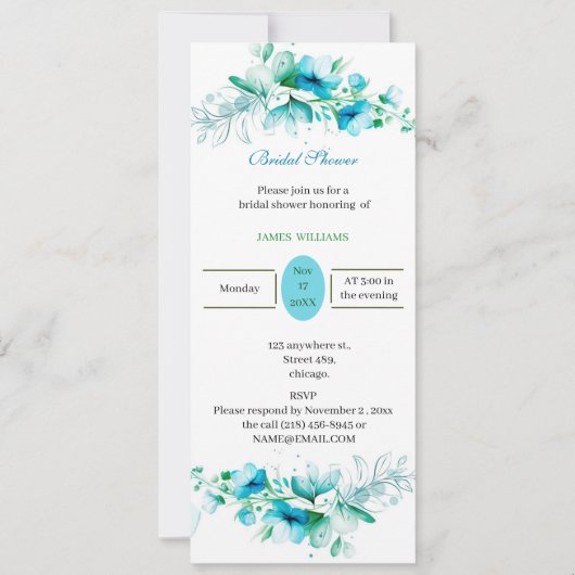 ブライダルシャワーカスタムブルーフラワー 招待状 (正面)