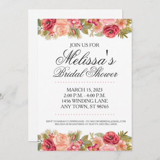 ブライダルシャワーカスタム招待状、ピンク及び金ゴールドバラ 招待状 (正面/裏面)