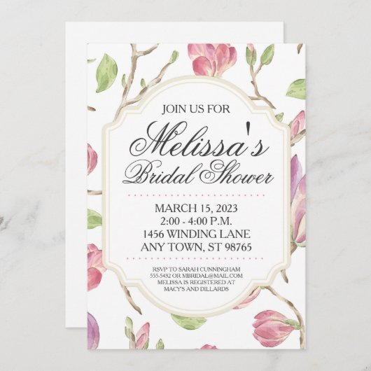 ブライダルシャワーカスタム招待状、水色フローラ 招待状 (正面/裏面)