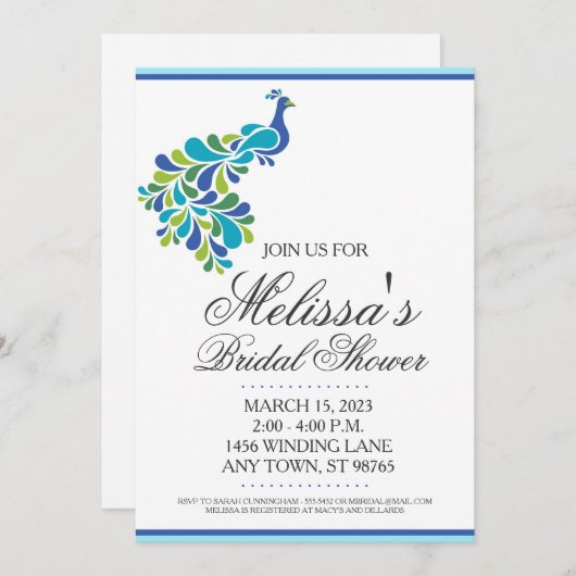 ブライダルシャワーカスタム招待状、美しい孔雀 招待状 (正面/裏面)