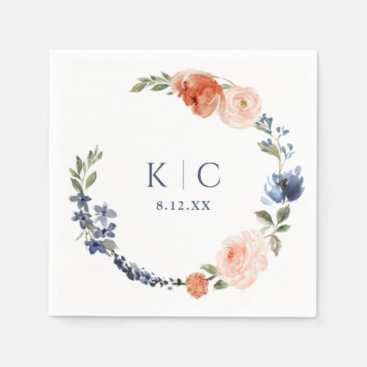 ブライダルシャワーカラフルオレンジ&ダスティブルーリース スタンダードカクテルナプキン (正面)