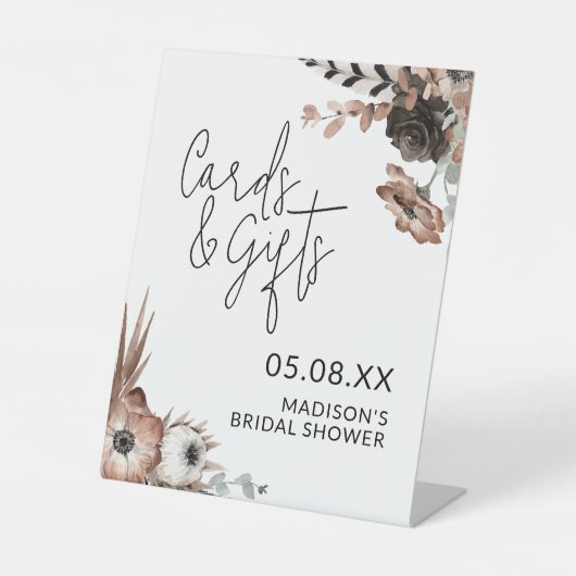 ブライダルシャワーカードとギフトサインほこりっぽいピンクのフローラ 台座サイン (正面)