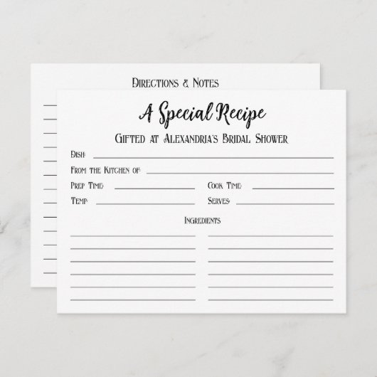 ブライダルシャワーギフトカードの特別レシピ (正面/裏面)