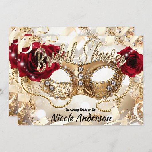 ブライダルシャワークリーム金ゴールドレッドローゼマスカレード 招待状 (正面/裏面)