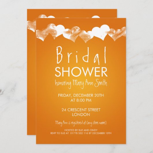 ブライダルシャワーグランジハートオレンジ 招待状 (正面/裏面)