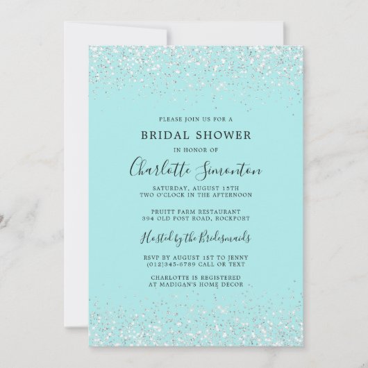 ブライダルシャワーグリッターシルバーティール(緑がかった色)グラム 招待状 (正面)
