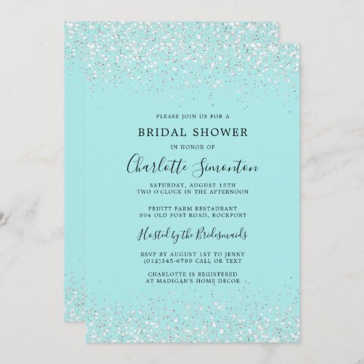 ブライダルシャワーグリッターシルバーティール(緑がかった色)グラム 招待状 (正面/裏面)