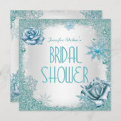 ブライダルシャワーグリッターティール(緑がかった色)ブルーホワイトローズ 招待状 (正面/裏面)