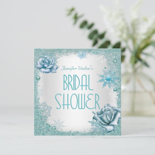 ブライダルシャワーグリッターティール(緑がかった色)ブルーホワイトローズ 招待状 (スタンド正面)