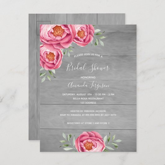 ブライダルシャワーグレーのウッドピンクのフローラ招待 ポストカード (正面/裏面)