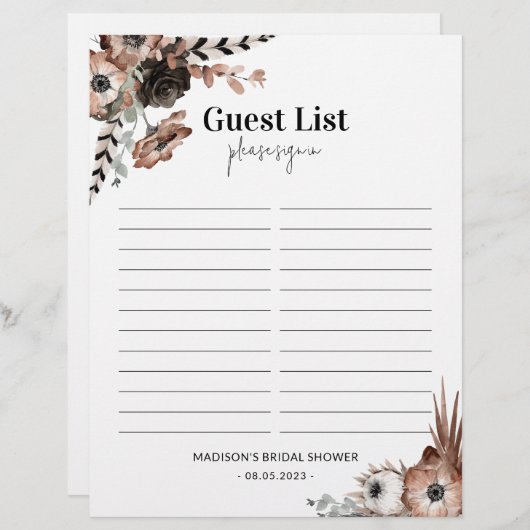 ブライダルシャワーゲストリストサインインシート濃いフローラ (正面/裏面)
