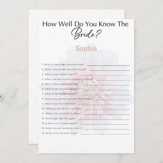 ブライダルシャワーゲームどうやって花嫁を知っているか 招待状 (正面/裏面)