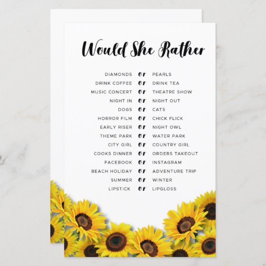 ブライダルシャワーゲームは彼女はむしろヒマワリ (正面/裏面)