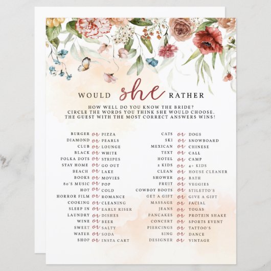 ブライダルシャワーゲームは、彼女はむしろ (正面/裏面)