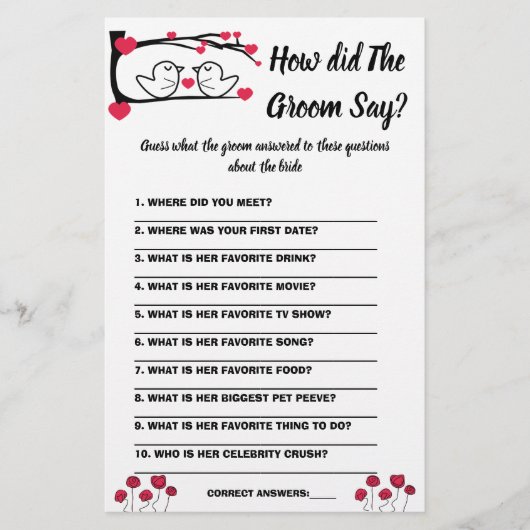 ブライダルシャワーゲームカード新郎は何と言った チラシ (正面)