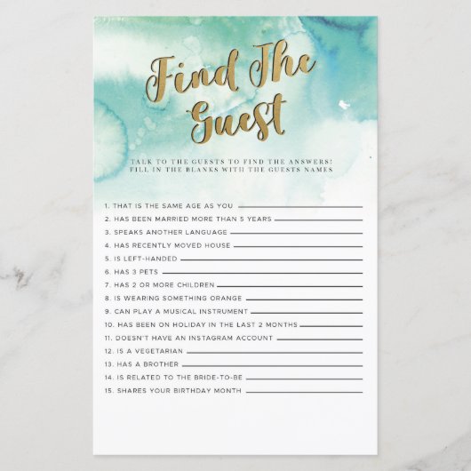 ブライダルシャワーゲームゲストゲームを見つけるティール(緑がかった色)金ゴールド (正面)