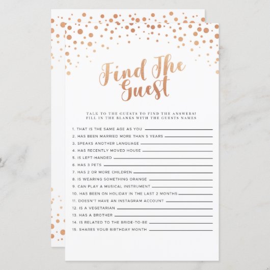 ブライダルシャワーゲームゲストゲームを見つけるバラ金ゴールド (正面/裏面)